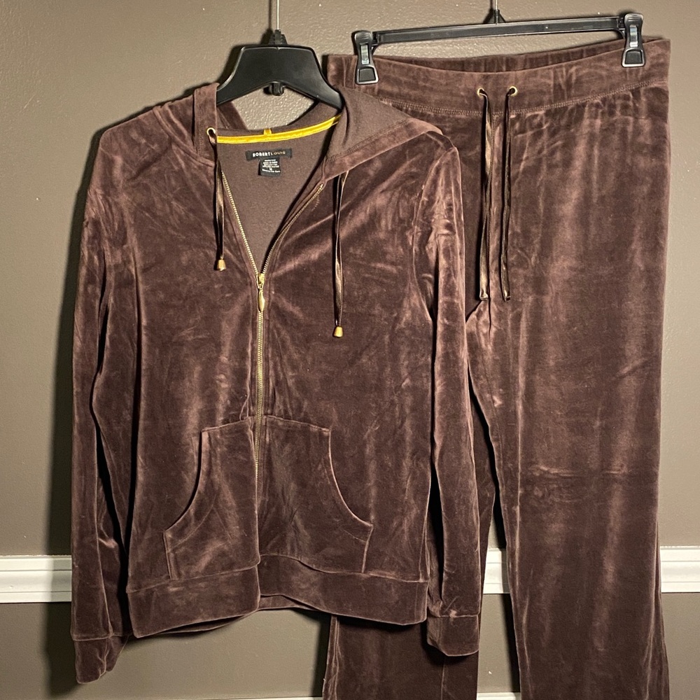 2-PC Robert Louis Chocolate Brown w/ Gold Accents Wide Leg Velour Tracksuit Set